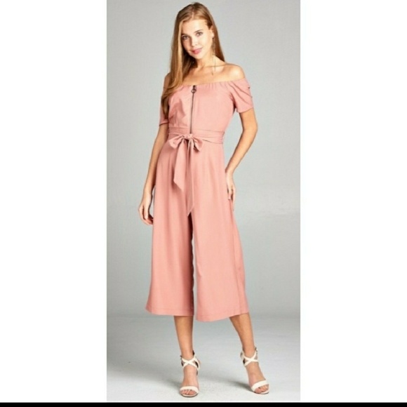Pink Off Shoulder Wide Leg Jumpsuit - Picture 2 of 6